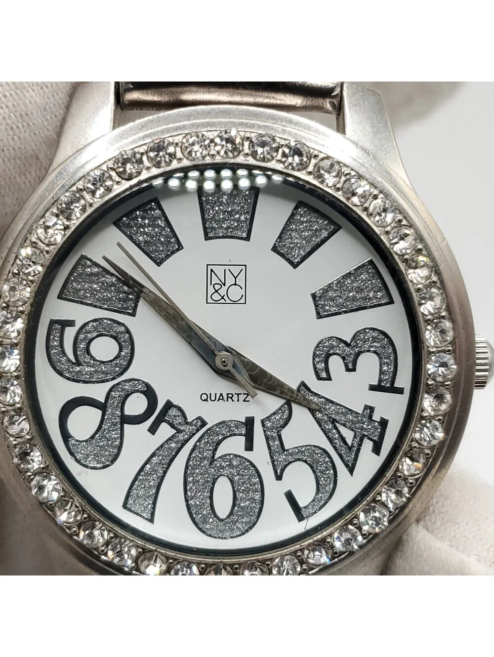 NY&C Quartz Watch Womens 40mm Silver Tone Rhinestone Bezel New Battery